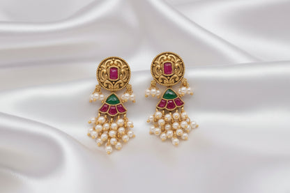 ✨ Traditional Indian Antiqu Jadau Kundan Style Earrings with Ruby, Emerald & Pearl Drops