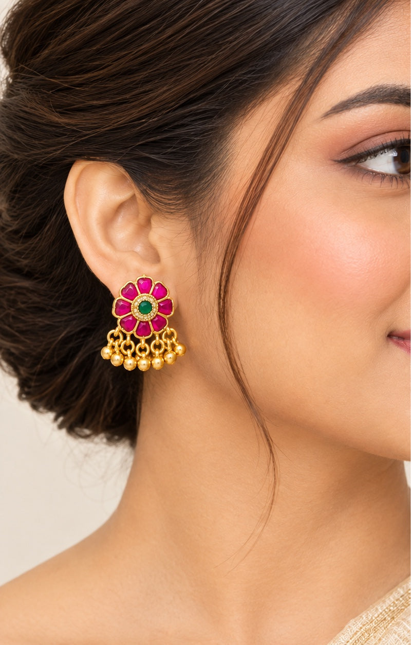 🌸 Pink Floral Indian Earrings with Pearl & Gold Bead Drops