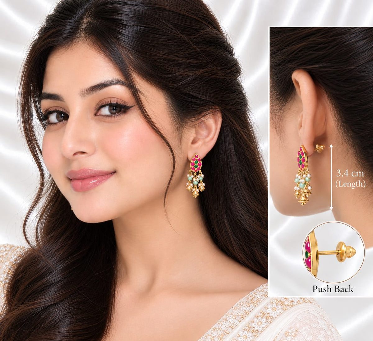 Pink & Green Kundan Earrings with Pearl & Bead Drops