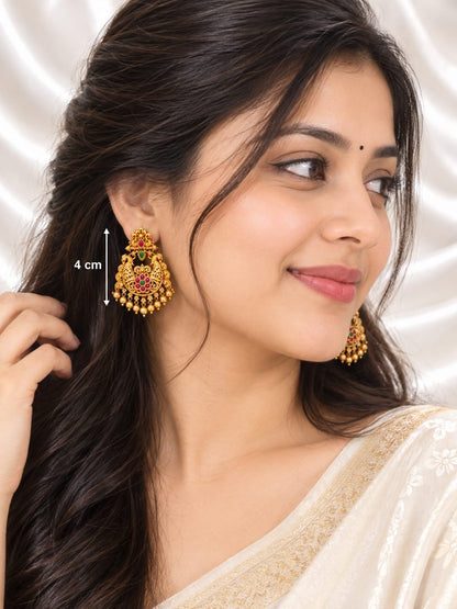 Antique Gold Temple Peacock Jhumka Earrings with Ruby & Green Stones