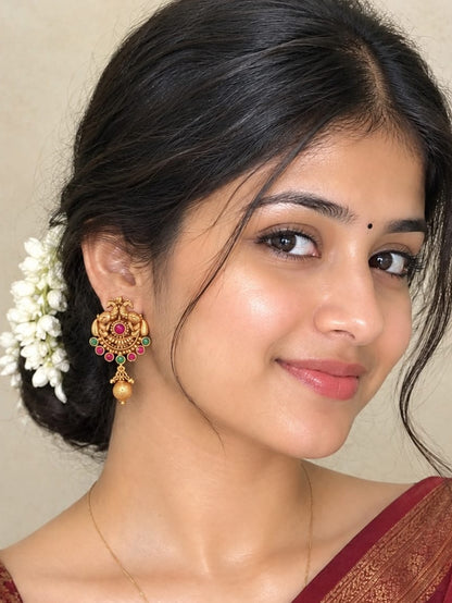 ✨ Traditional Indian Gold-Tone Peacock Earrings with Ruby & Green Stone Accents