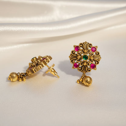 Antique Gold Filigree Stud Earrings with Pink & Green Stones