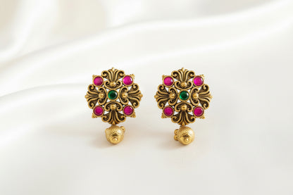 Antique Gold Filigree Stud Earrings with Pink & Green Stones