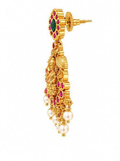 Traditional Lakshmi Temple Jhumka Earrings with Ruby, Emerald & Pearl Drops