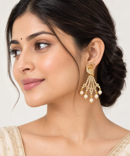 Majestic Peacock Cubic Zirconia Drop Earrings with Pearl Hanging Drops