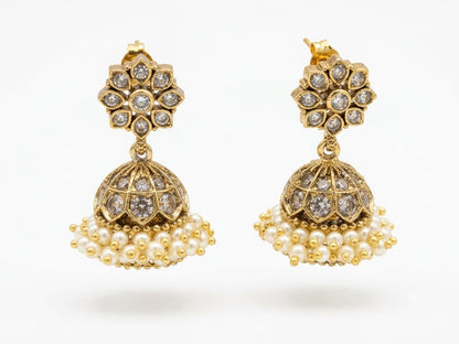 Traditional Vintage Antique Gold-Plated Ruby & Emerald Kemp Jhumka Earrings with Pearl Clusters