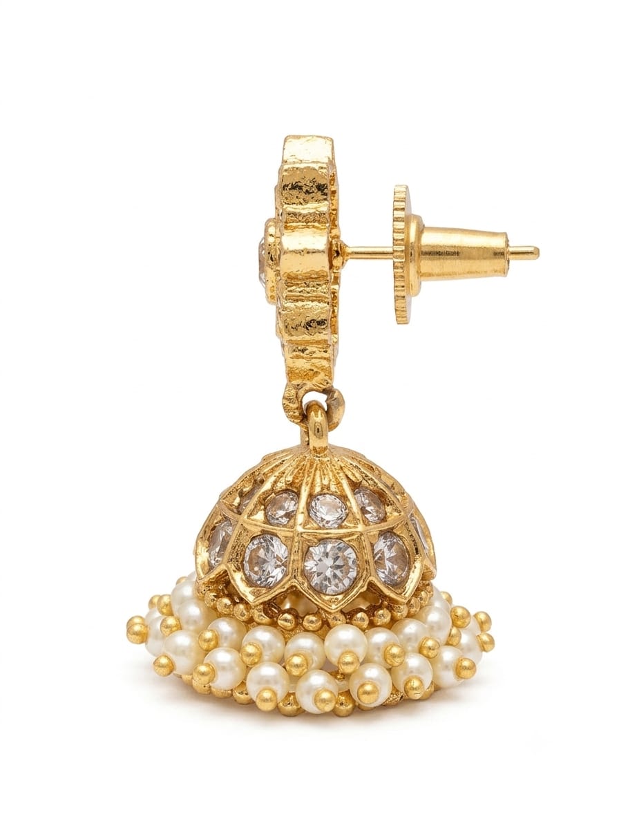 Traditional Vintage Antique Gold-Plated Ruby & Emerald Kemp Jhumka Earrings with Pearl Clusters