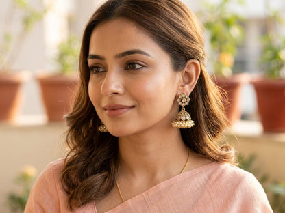 Traditional Vintage Antique Gold-Plated Ruby & Emerald Kemp Jhumka Earrings with Pearl Clusters