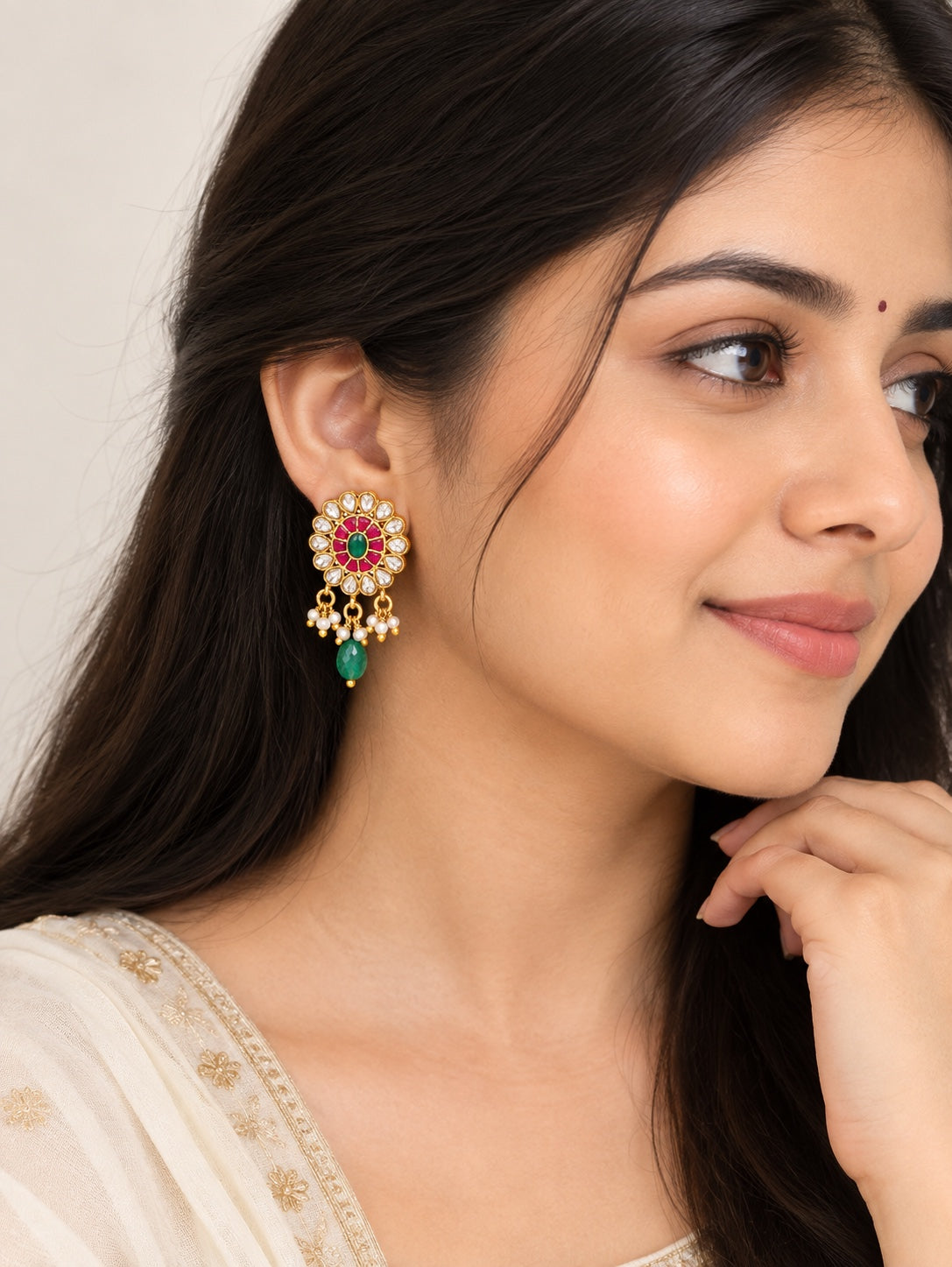 Royal Floral Unki Kundan & Gemstone Drop Earrings with Pearl Accents