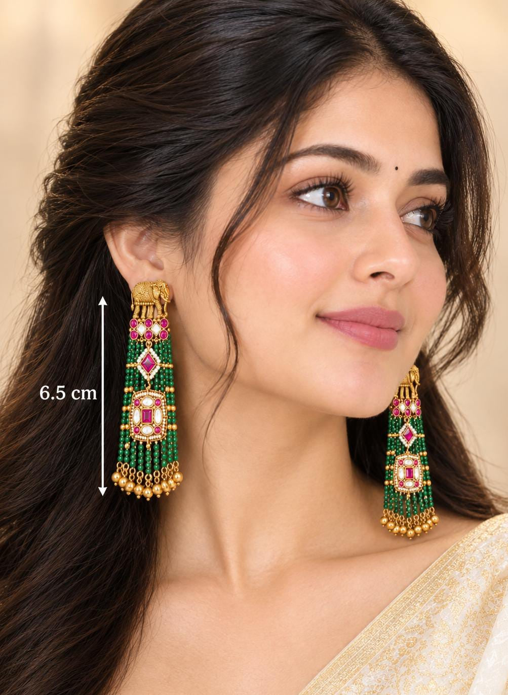 Antique Gold Elephant Motif Beaded Dangle Earrings with Kundan & Ruby Accents