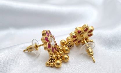 Floral 🌸✨ Ruby Pink Kundan Stud Earrings with Gold Ghungroo Beads