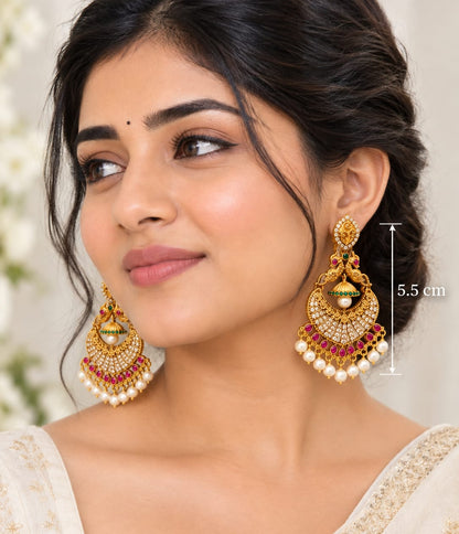 Antique Gold Peacock Chandbali Earrings with Hanging Mini Jhumka & Pearl Drops