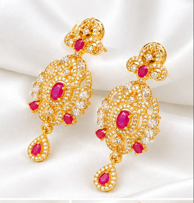 Ruby Pink  CZ Gold-Plated Statement Drop Earrings