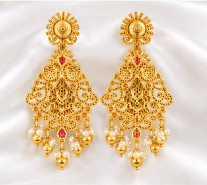 Antique Gold Temple Lakshmi Statement Earrings with CZ Stones, Rubies & Pearl Clusters