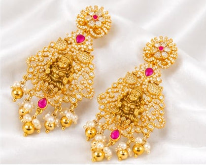 Antique Gold Temple Lakshmi Statement Earrings with CZ Stones, Rubies & Pearl Clusters