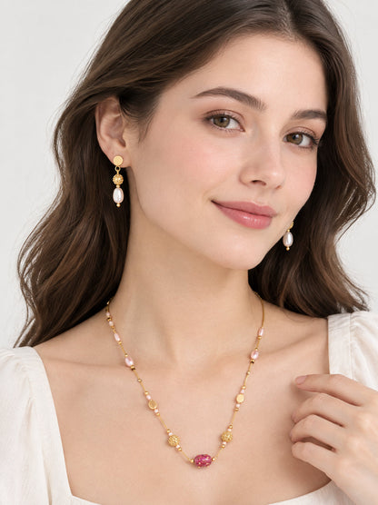 Elegant Gold Plated Pearl & Magenta Bead Chain Necklace Set with Matching Dangle Earrings