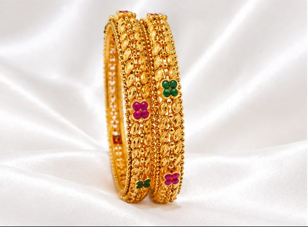 Gold Tone Floral Pattern Bangle Set with Green & Pink Stones – Traditional Indian Jewelry