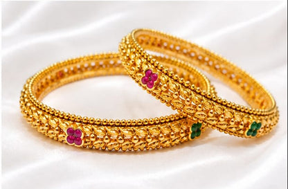 Gold Tone Floral Pattern Bangle Set with Green & Pink Stones – Traditional Indian Jewelry
