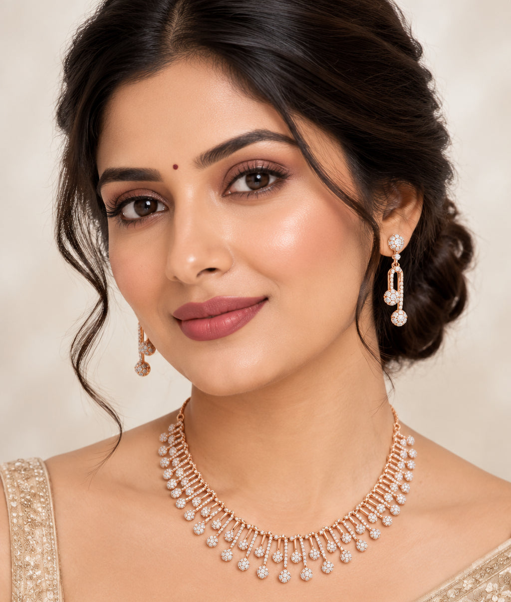 Rose Gold Cubic Zirconia Cascading Fringe Necklace & Drop Earring Set