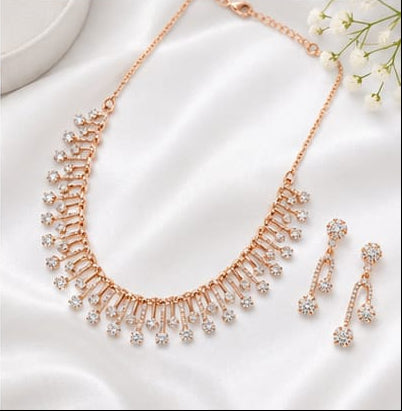 Rose Gold Cubic Zirconia Cascading Fringe Necklace & Drop Earring Set