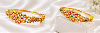 Traditional Gold-Plated Openable  Kada Bracelet with Ruby, Emerald & CZ Accents