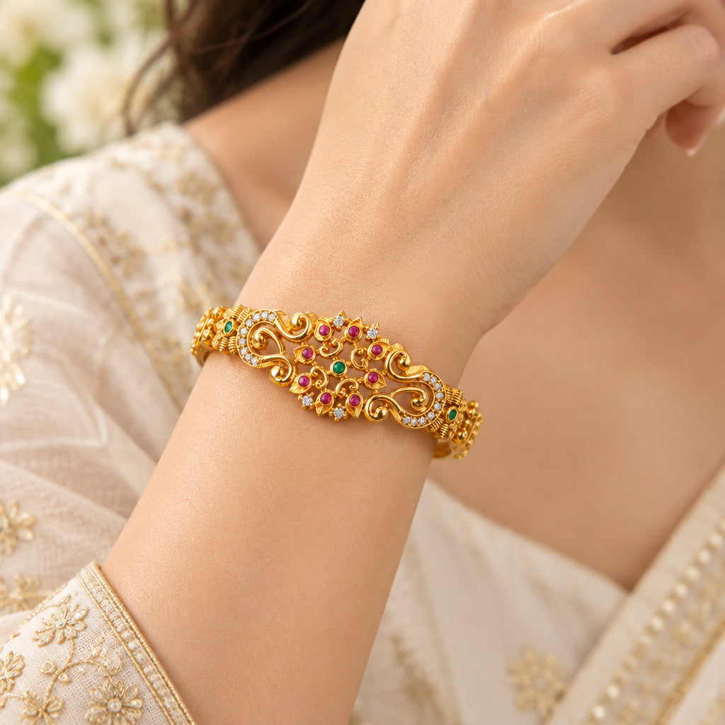 Traditional Gold-Plated Openable  Kada Bracelet with Ruby, Emerald & CZ Accents