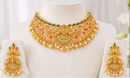 Antique Gold Temple Jewelry Choker Set with Goddess Lakshmi, Peacock Motifs, Kemp Stones & Pearl Drops
