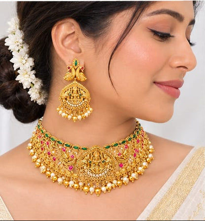 Antique Gold Temple Jewelry Choker Set with Goddess Lakshmi, Peacock Motifs, Kemp Stones & Pearl Drops