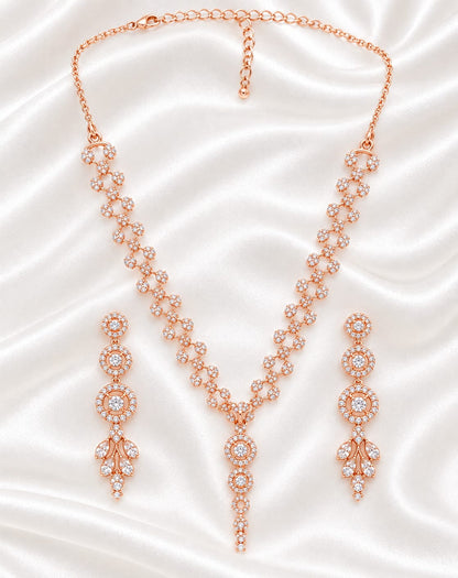 Rose Gold Sparkling Cubic Zirconia Necklace & Dangle Earring Jewelry Set