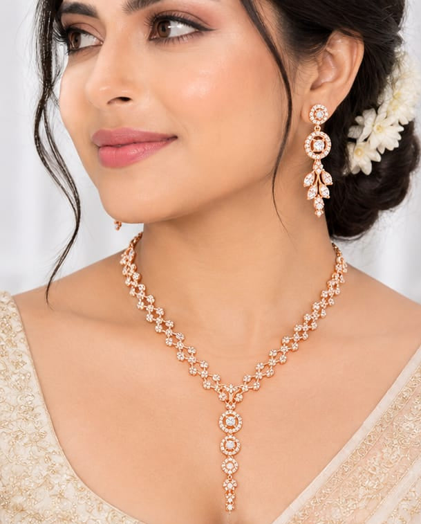 Rose Gold Sparkling Cubic Zirconia Necklace & Dangle Earring Jewelry Set