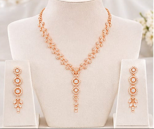Rose Gold Sparkling Cubic Zirconia Necklace & Dangle Earring Jewelry Set