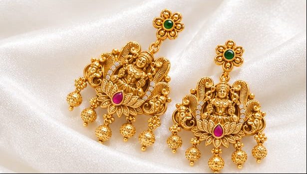 Traditional South Indian 22K Gold Plated Goddess Lakshmi Temple Earrings | Ruby Emerald  Ethnic Bridal Divine Jewelry
