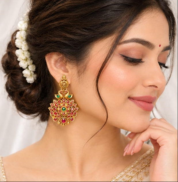 Gold Plated Indian Temple Earrings, Peacock Motif Kemp Stone