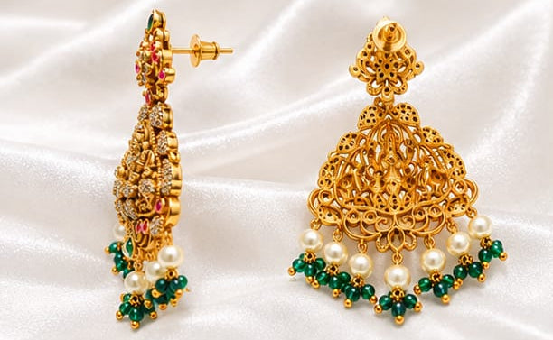 Traditional South Indian Temple Earrings, 22k Gold Plated Lakshmi Motif Earrings with Ruby, Emerald Stones & Pearls