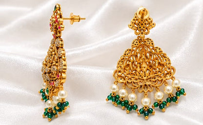 Traditional South Indian Temple Earrings, 22k Gold Plated Lakshmi Motif Earrings with Ruby, Emerald Stones & Pearls