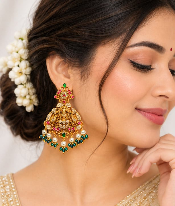Traditional South Indian Temple Earrings, 22k Gold Plated Lakshmi Motif Earrings with Ruby, Emerald Stones & Pearls