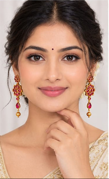 Gold Plated Indian Floral Kemp Drop Earrings, Ruby Red Stone Dangle Earrings