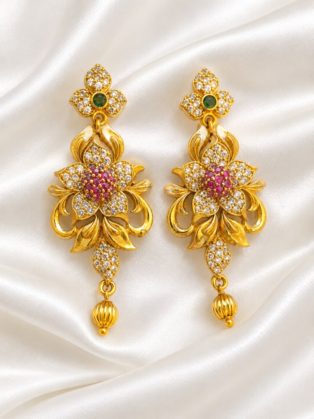 Traditional Gold Plated Floral Motif Ruby CZ Earrings