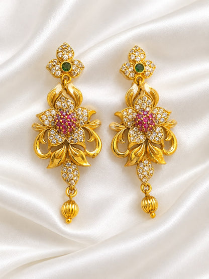 Traditional Gold Plated Floral Motif Ruby CZ Earrings