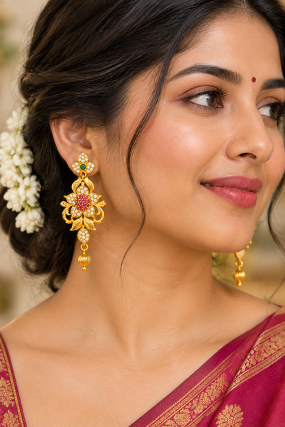 Traditional Gold Plated Floral Motif Ruby CZ Earrings