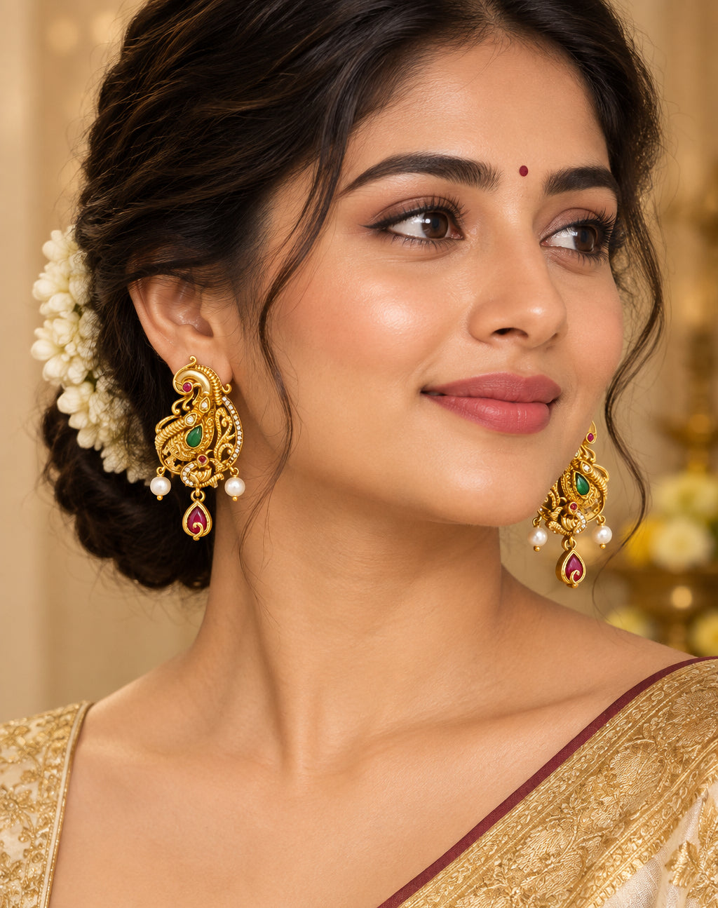 Gold Plated Indian Mango Paisley Stud Earrings|  Peacock Motif Ruby Emerald Pearl Drop Earrings