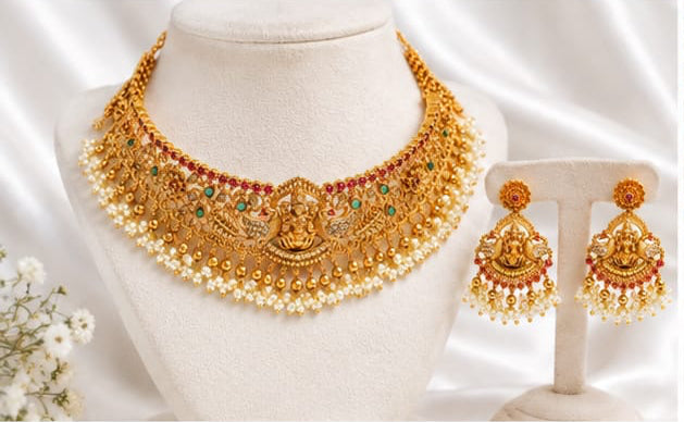 Goddess Lakshmi & Peacock Antique Gold Choker Set