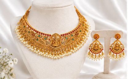 Goddess Lakshmi & Peacock Antique Gold Choker Set