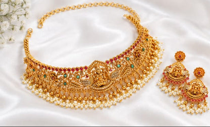 Goddess Lakshmi & Peacock Antique Gold Choker Set