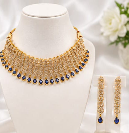 Sparkling CZ & Sapphire Blue Tear-Drop Choker Set