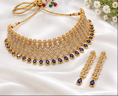Sparkling CZ & Sapphire Blue Tear-Drop Choker Set