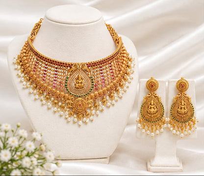 Traditional Temple Gold-Plated Choker & Drop Earring Set