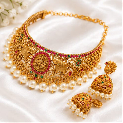 Exquisite Antique Gold-Plated Goddess Lakshmi Choker Set with Matching Peacock Jhumkas