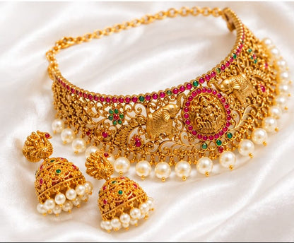 Exquisite Antique Gold-Plated Goddess Lakshmi Choker Set with Matching Peacock Jhumkas