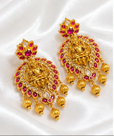 Handcrafted Temple Style Lakshmi Statement Earrings with Ruby Kemp Stones & Fluted Gold Beads